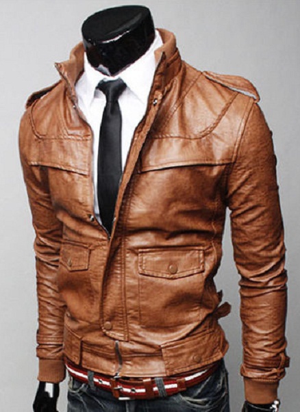 MEN BROWN COLOR LEATHER JACKET WITH RIB COLLAR, MENS SLIM FIT ...